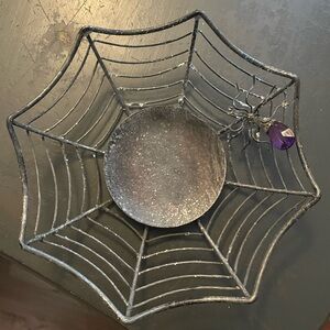 Spider Web Metal plate or candle holder with Purple spider Accent